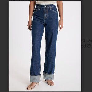 High Waisted Dark Wash Cuffed Hem Straight Jeans